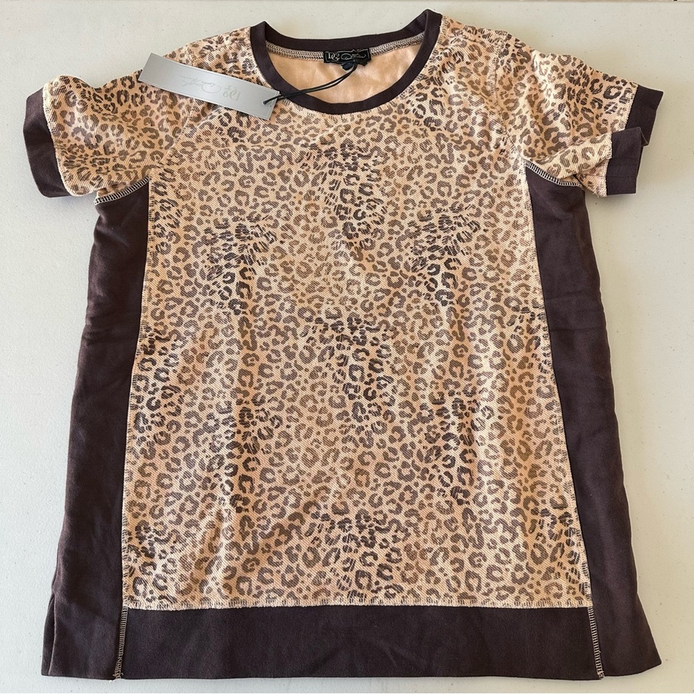 DG2 Diane Gilman Reverse Leopard Print Terry Short Sleeve Sweater Shirt M